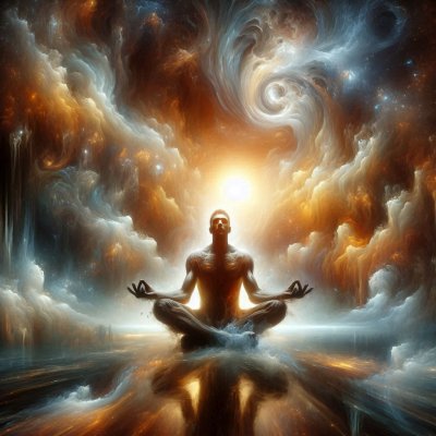 Meditating figure in lotus pose amidst cosmic clouds and radiant light