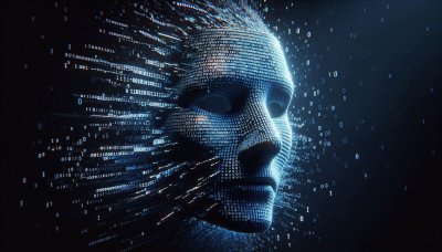 Digital head made of binary code and data streams, AI concept