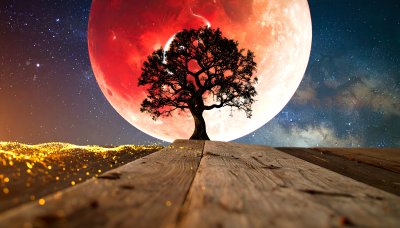 Mystical Tree under Blood Moon, Glowing Landscape, Starry Sky