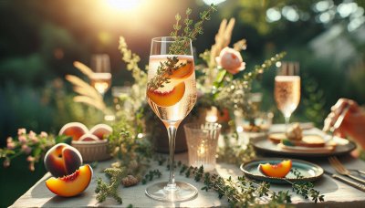 Sparkling peach & thyme cocktail, outdoor golden hour setting.