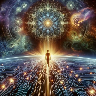 Figure walking toward light through circuits, mandala, and planetary s