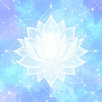 Magical white lotus mandala on ethereal galaxy background
