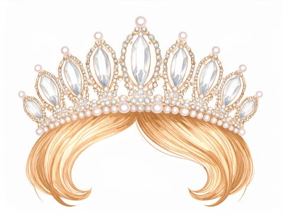 Aspirational watercolor of sparkling diamond pearl tiara on blonde hai