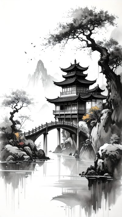 Traditional Chinese ink wash painting of pagoda, bridge, mountains,...