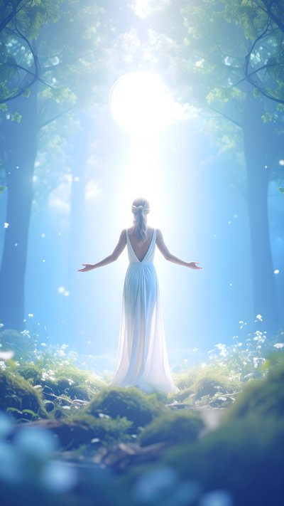 Woman in white dress in glowing forest reaching towards light