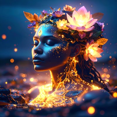 Ethereal goddess, lotus flowers, golden glitter, spiritual energy.