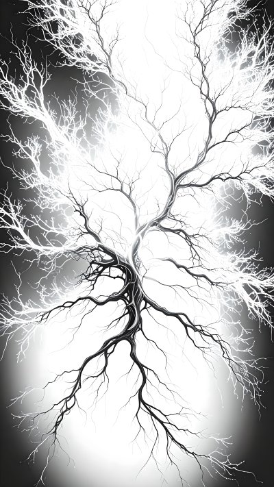Glowing energy tree abstract with dark roots and bright branches