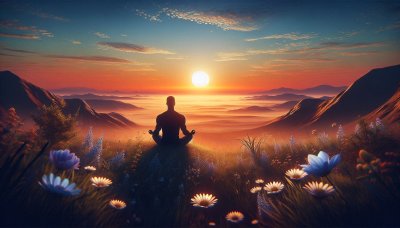 Person meditating on hill at sunset over misty mountains with flowers