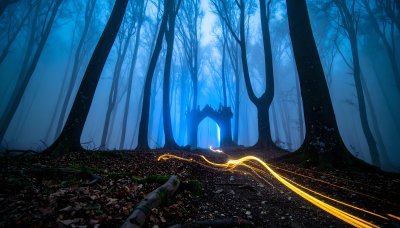 Mystical forest with glowing archway and light trails, wonder