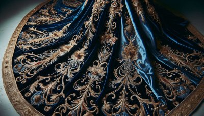 Embroidered royal blue velvet fabric with gold floral design
