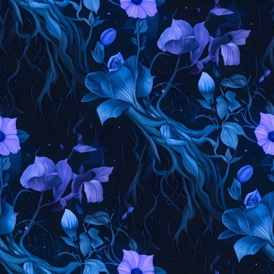Dark magic blue purple fantasy flowers and tangled roots