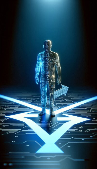 Circuit Board Human Figure & Decision Arrows: AI & Technological Choic