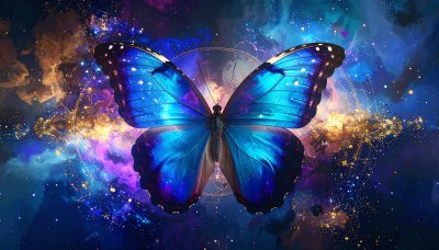 Blue butterfly in cosmic nebula, sparking wonder