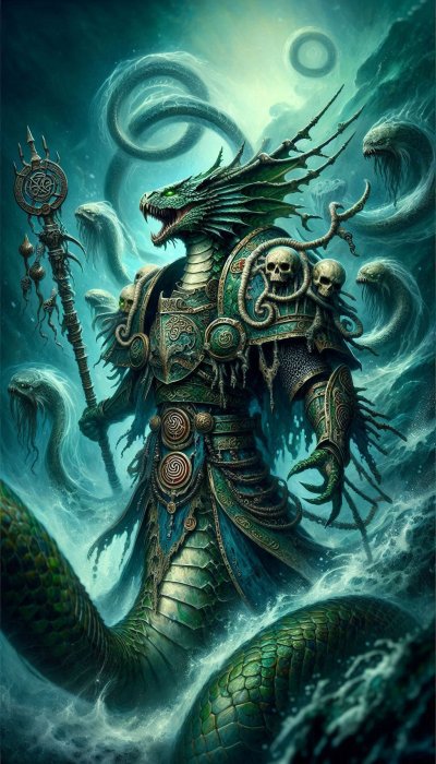 Sea serpent dragon warrior in armor with staff emerges from stormy wat