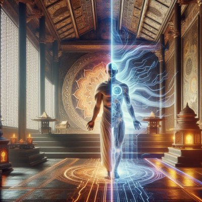 Transitioning figure in temple representing spiritual and technologica