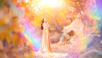 Ethereal woman in golden gown, autumn forest, rainbow light