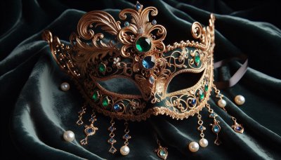 Ornate gold and emerald masquerade mask on green velvet