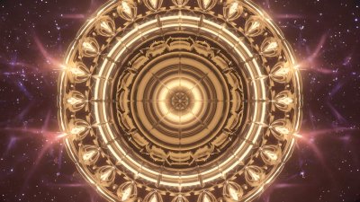 Golden cosmic mandala: celestial light, spiritual discovery