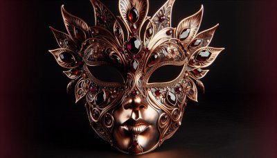 Intricate Bronze Masquerade Mask with Ruby Jewels on Dark Background