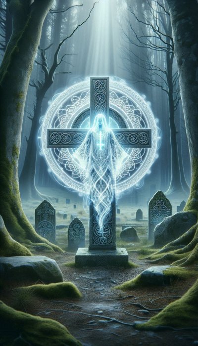 Ethereal figure by Celtic cross in misty graveyard