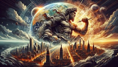 God-like figure over futuristic city with celestial elements, illustra