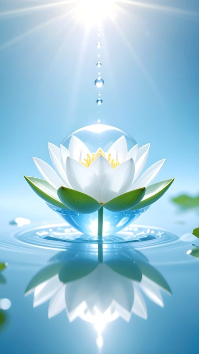 White lotus flower with water droplets and sun rays on blue water