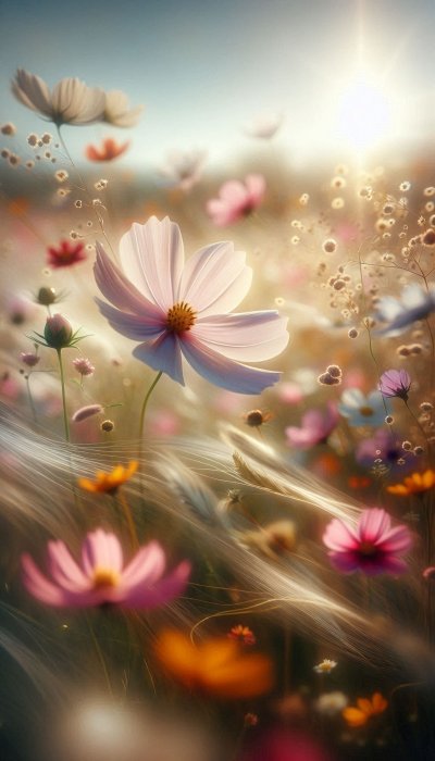 Cosmos flowers in sunlight, with soft focus and vibrant colors
