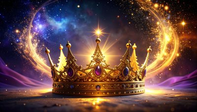 Golden crown with starlight against a galaxy backdrop