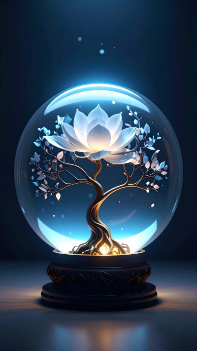 Glowing lotus flower tree in glass globe on dark background