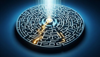 Circular maze with glowing path, symbolizing solutions and problem-sol