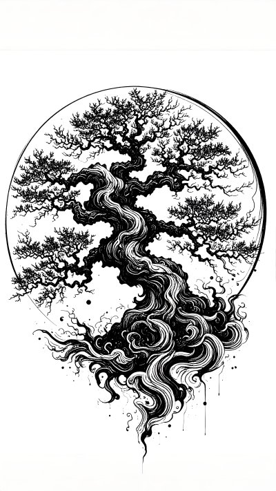Stylized ancient tree with swirling roots in circular frame