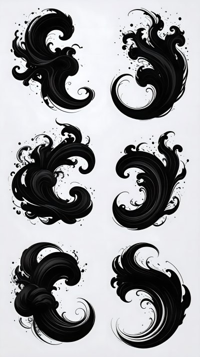 Black abstract waves and ink splatters on white background set