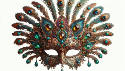 Ornate jewel-encrusted Venetian carnival mask with peacock feathers