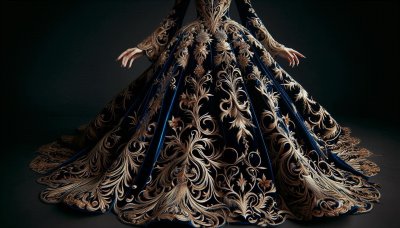 Midnight blue velvet ball gown with gold embroidery on a dark backgrou