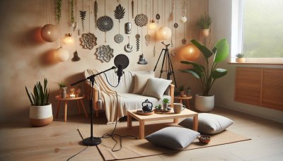 Peaceful bohemian room interior with podcast microphone and decor