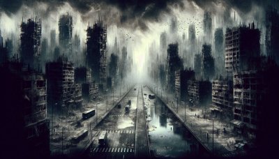 Ruined post-apocalyptic city street with derelict buildings