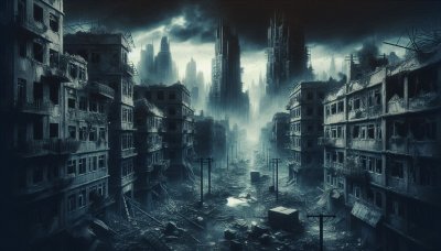 Ruined City Street: Post-apocalyptic cityscape illustration.