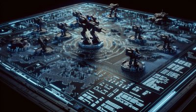 Robotic mechs on a glowing blue grid tactical board game