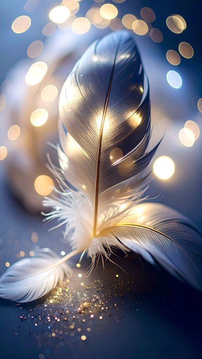 Ethereal white feathers with golden glitter and bokeh lights