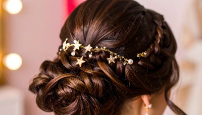 Elegant braided updo with magical star and pearl hair vine