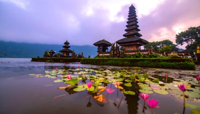 Peaceful Balinese temple on lake with water lilies at sunrise