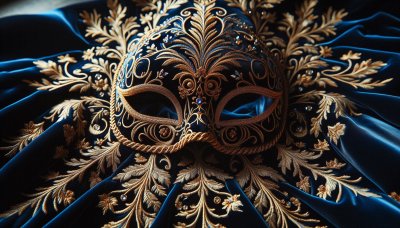 Ornate navy blue masquerade mask with gold embroidery on velvet