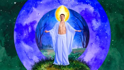 Spiritual guide in ethereal landscape bathed in golden light