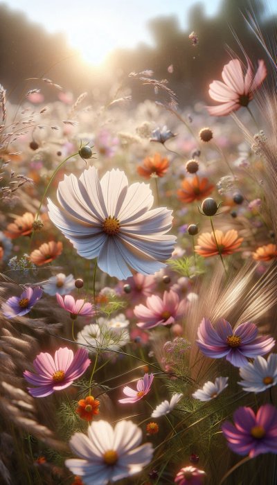 Soft focus close-up of vibrant cosmos meadow in golden sunlight