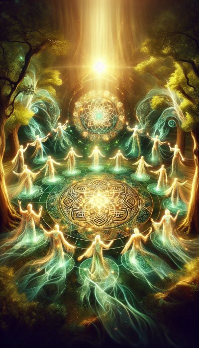 Celestial Gathering: Radiant Beings in a Sacred Grove, Illuminated by 