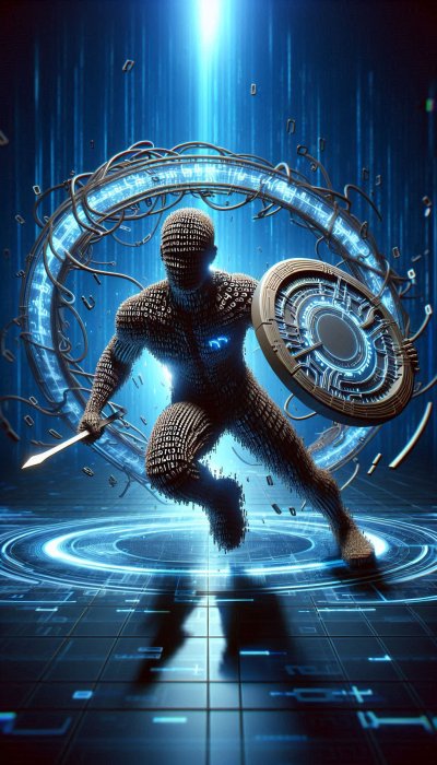Binary code warrior with sword and shield in futuristic blue setting