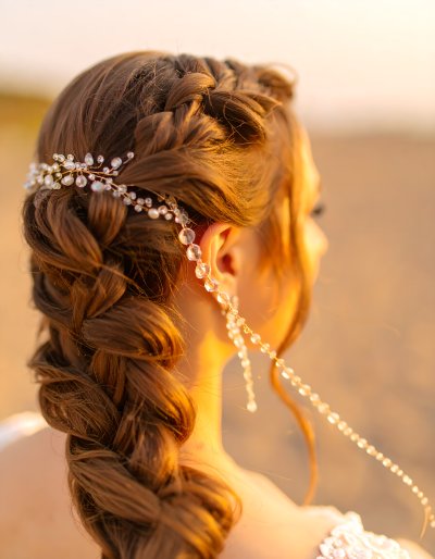 Elegant braided bridal hair, crystal & pearl accessories