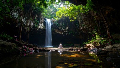 Serene Meditation at Waterfall in Tropical Sanctuary