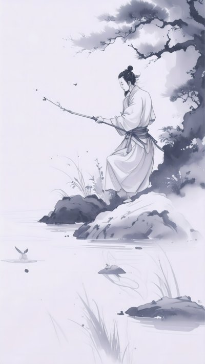 Ink wash illustration of person fishing on rocks by river