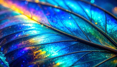 Iridescent blue butterfly wing, shimmering, fantastical colors.